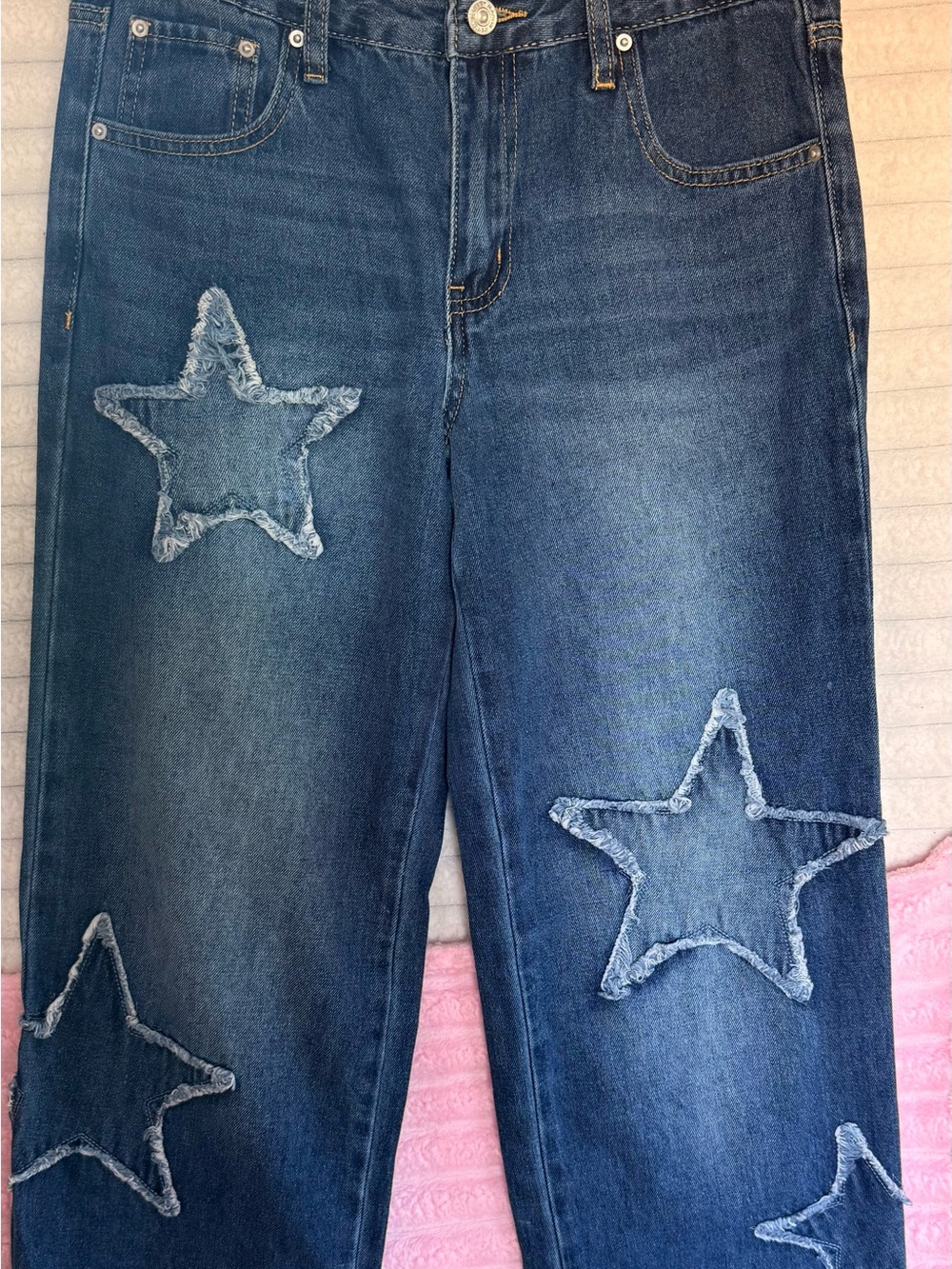 Ashley Mason Medium Blue Straight-Leg Jeans with Frayed Star Patches